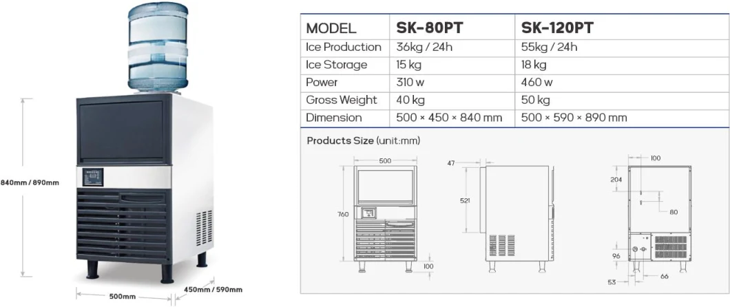 Snooker Model Sk-120p 55kg/24h Productivity Commerical Ice Cube Making Machine